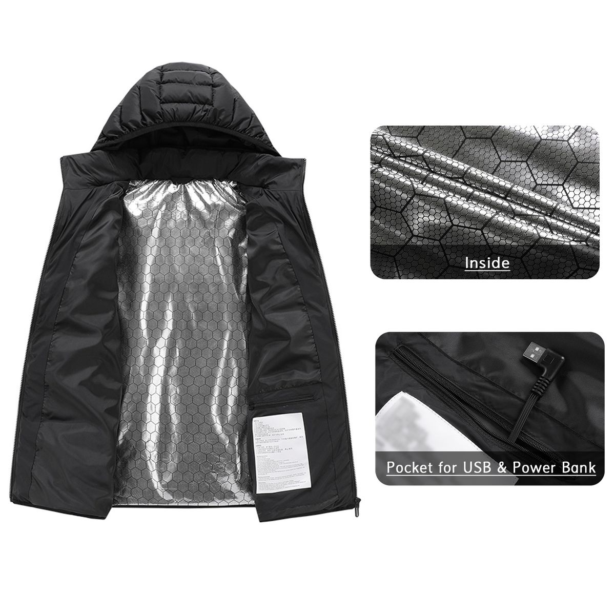 Men Heated Jackets USB Heating Detachable Hood Electric Warm