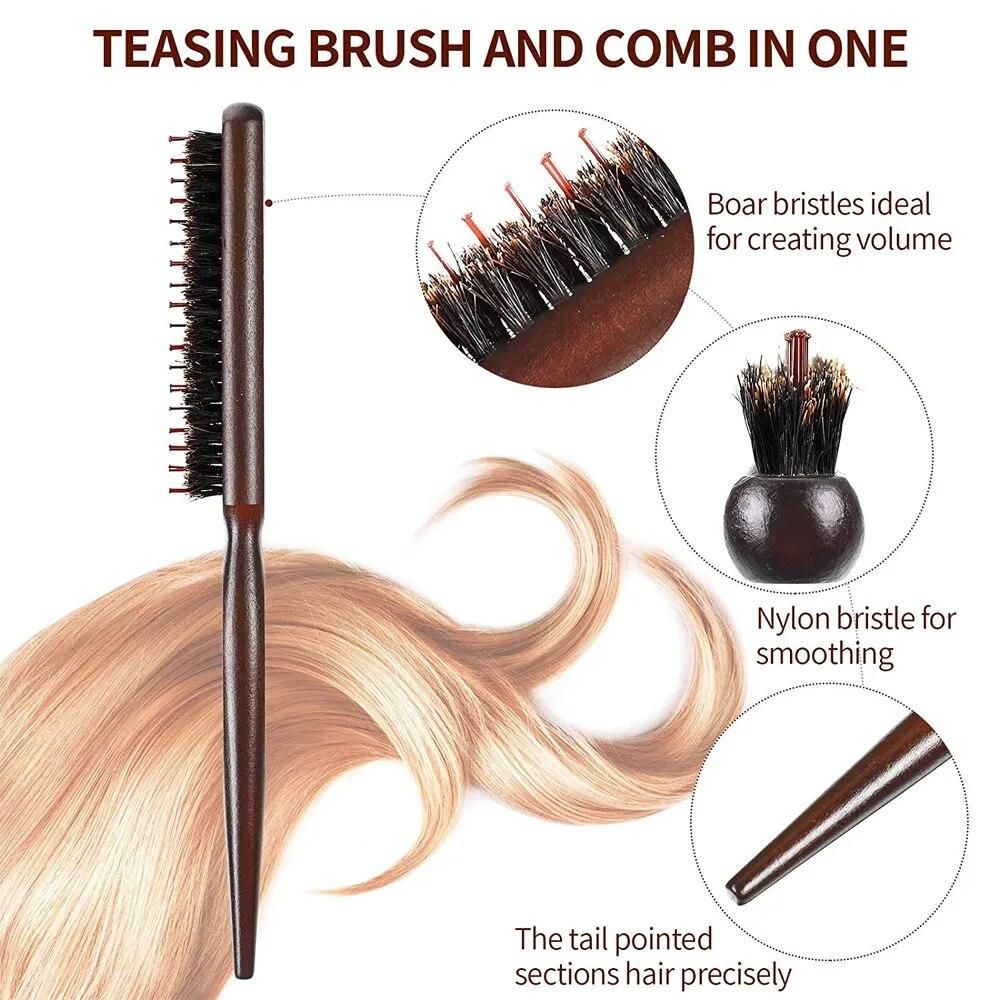 Boar Bristle Teasing Brush Comb with Rat Tail for Hair Sectioning for Edge Control, Backcombing, Smoothing, Styling Hair Tool