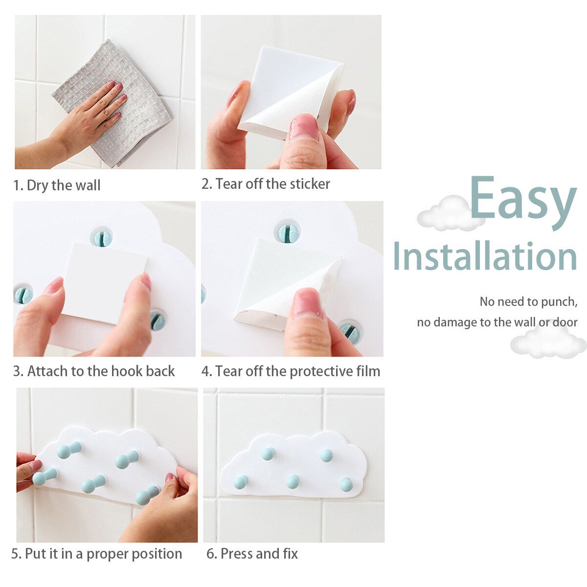 Cute Cloud Moon Wall-mounted 5 Hooks Key Coat Towel Hanger Holder Decoration Blue