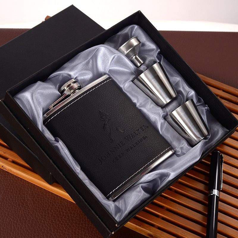 Hip Flask Set 7OZ Black Leather Old Man Gray