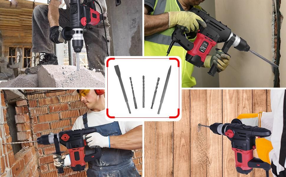 1500W Professional Rotary Hammer Drill 880RPM Corded Electric Hammer Impact Drill with 5pcs Drill Bits Power Hammer with 6-speed Adjustable Speed 7.4J Impact Force (5.5fts) 0-4350BPM Impact Frequency