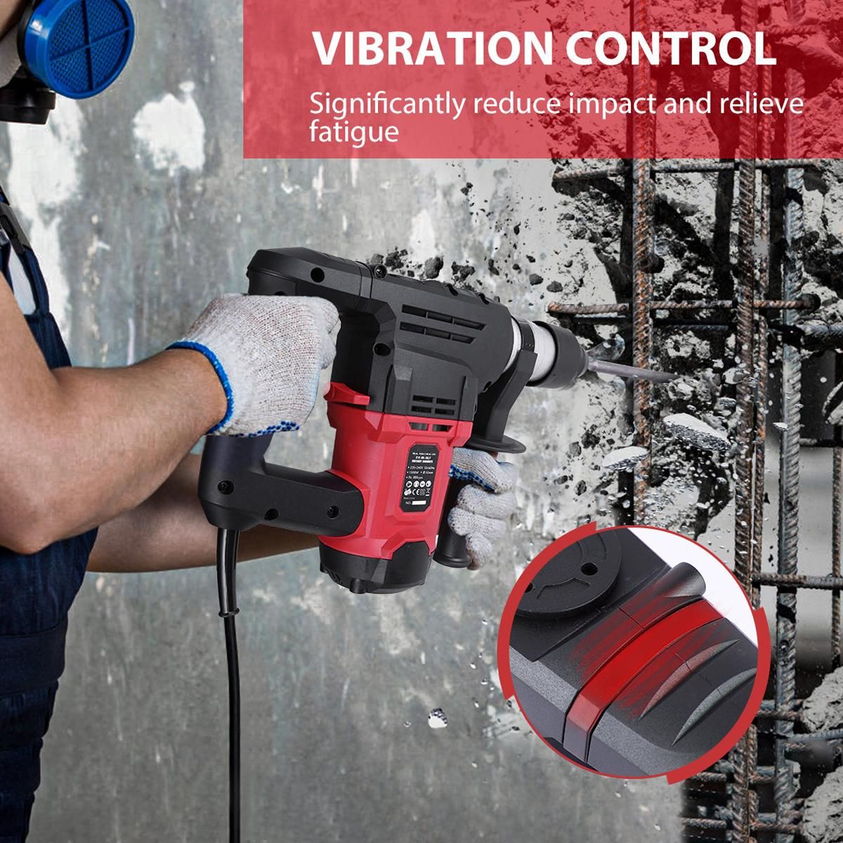 1500W Professional Rotary Hammer Drill 880RPM Corded Electric Hammer Impact Drill with 5pcs Drill Bits Power Hammer with 6-speed Adjustable Speed 7.4J Impact Force (5.5fts) 0-4350BPM Impact Frequency
