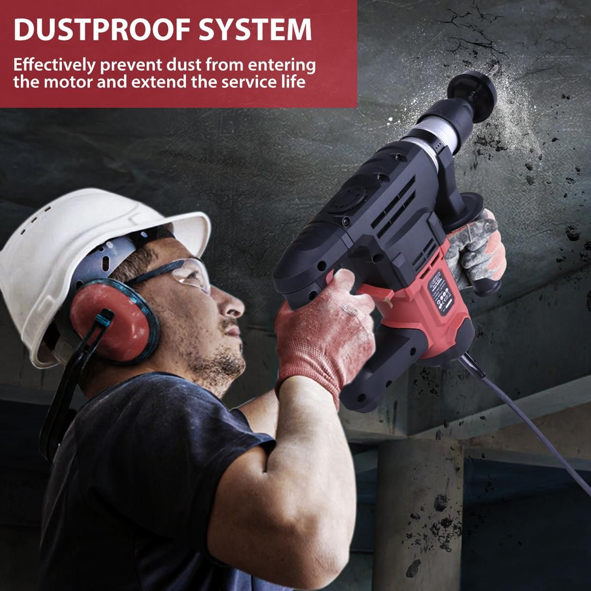1500W Professional Rotary Hammer Drill 880RPM Corded Electric Hammer Impact Drill with 5pcs Drill Bits Power Hammer with 6-speed Adjustable Speed 7.4J Impact Force (5.5fts) 0-4350BPM Impact Frequency
