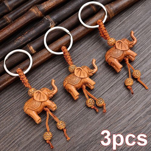 Elephant Keychain Peach Wood Carving Riches Lucky Animal Key Chain Pendant Women Bags Pom Pom Charm Home Key Rings B