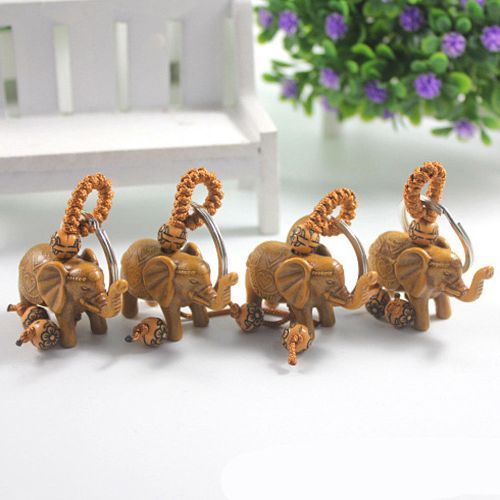 Elephant Keychain Peach Wood Carving Riches Lucky Animal Key Chain Pendant Women Bags Pom Pom Charm Home Key Rings B