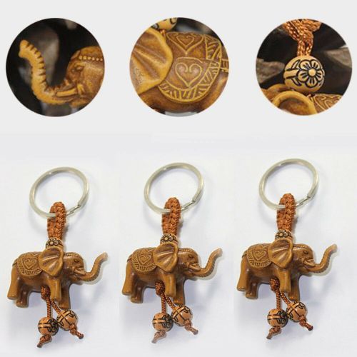 Elephant Keychain Peach Wood Carving Riches Lucky Animal Key Chain Pendant Women Bags Pom Pom Charm Home Key Rings B