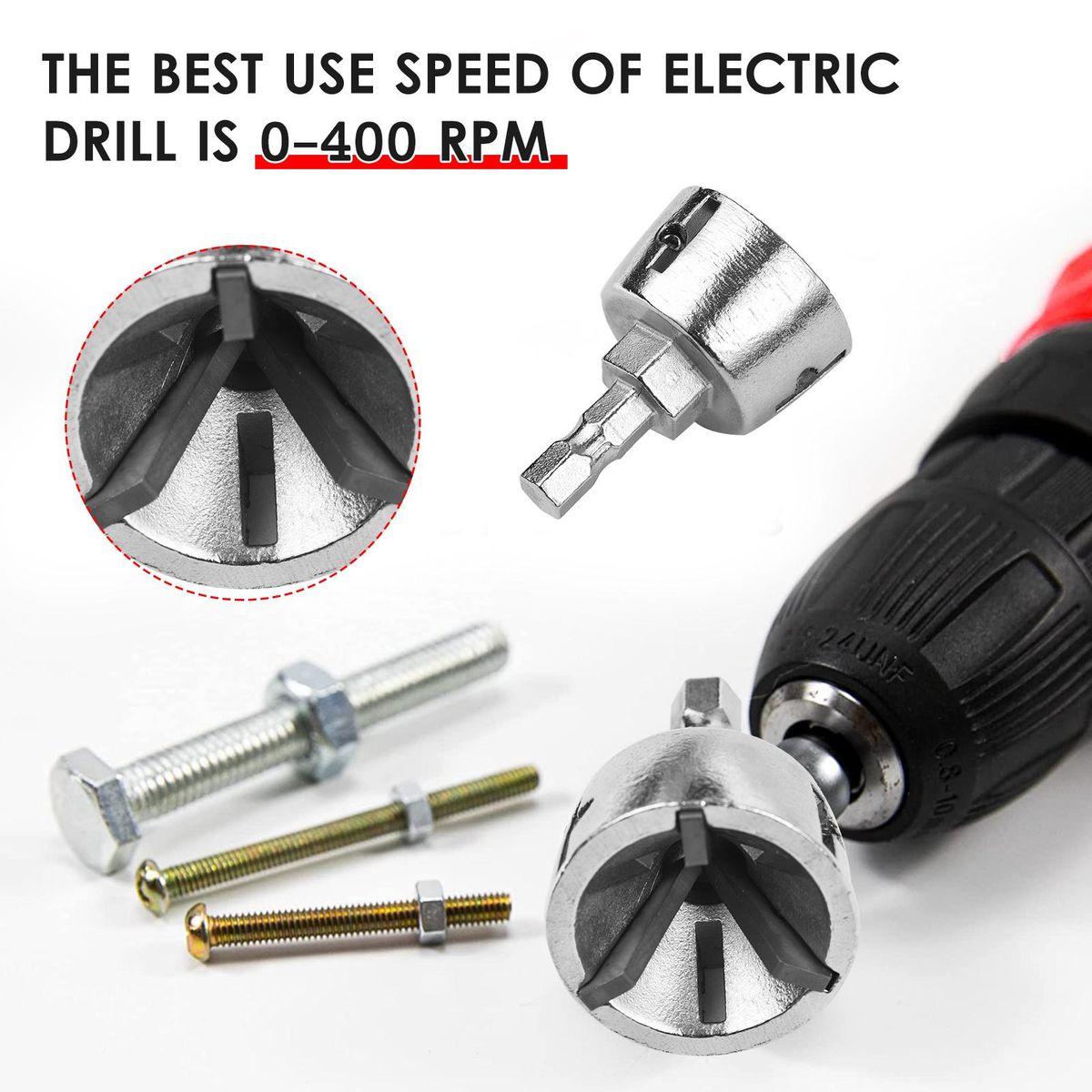 Deburring Drill Bit Chamferer Deburring External Chamfer Tool HSS Blade Countersink Chamfer Bit Burr Removing Tool Quick Release Shank Fit for 1/8''-3/4''(3mm-19mm) with Hex Wrench