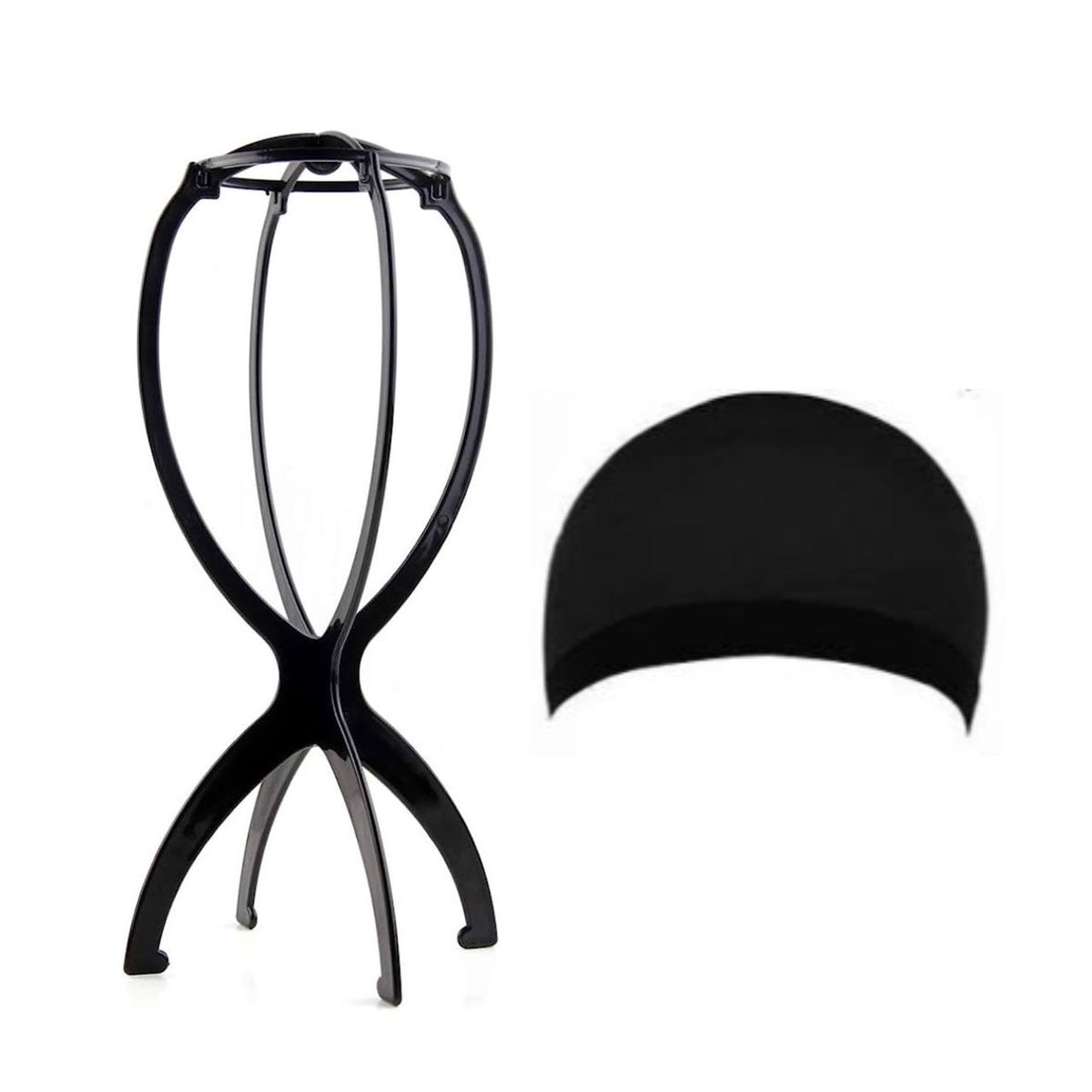 Black Wig Stand And Black Wig Cap