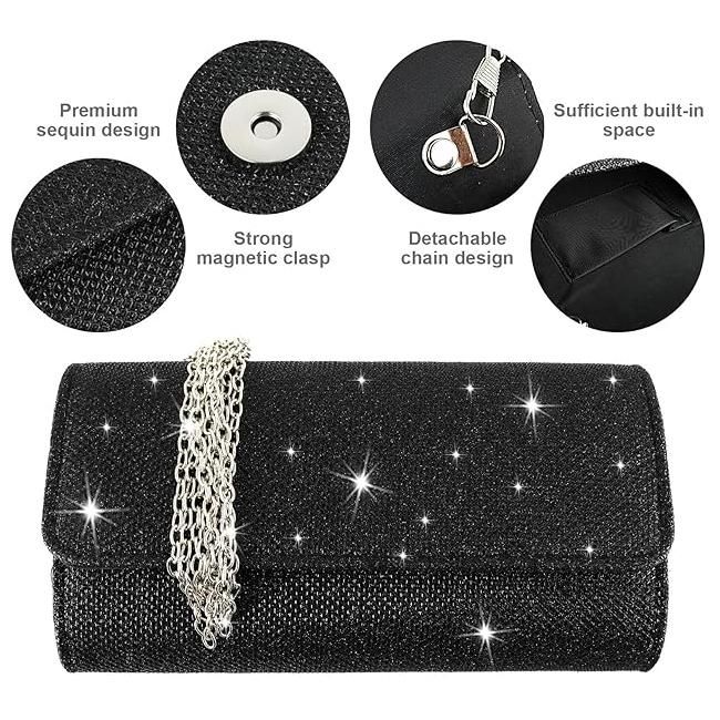 Women Evening Bag Clutch Glitter Envelope Handbag with Detachable Chain for Prom Wedding Party Banquet