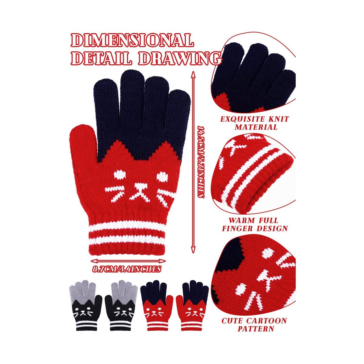 2 Pairs Kids Winter Gloves Full Finger Knitted G
