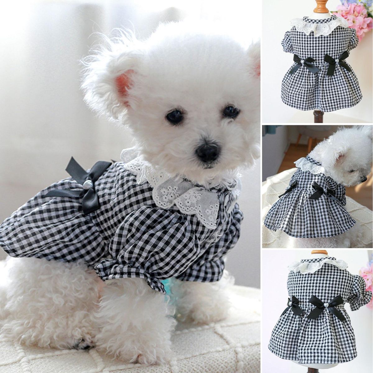 Cat Dress Black White Plaid Pet Cat Dog Bowknot Princess Dress Black