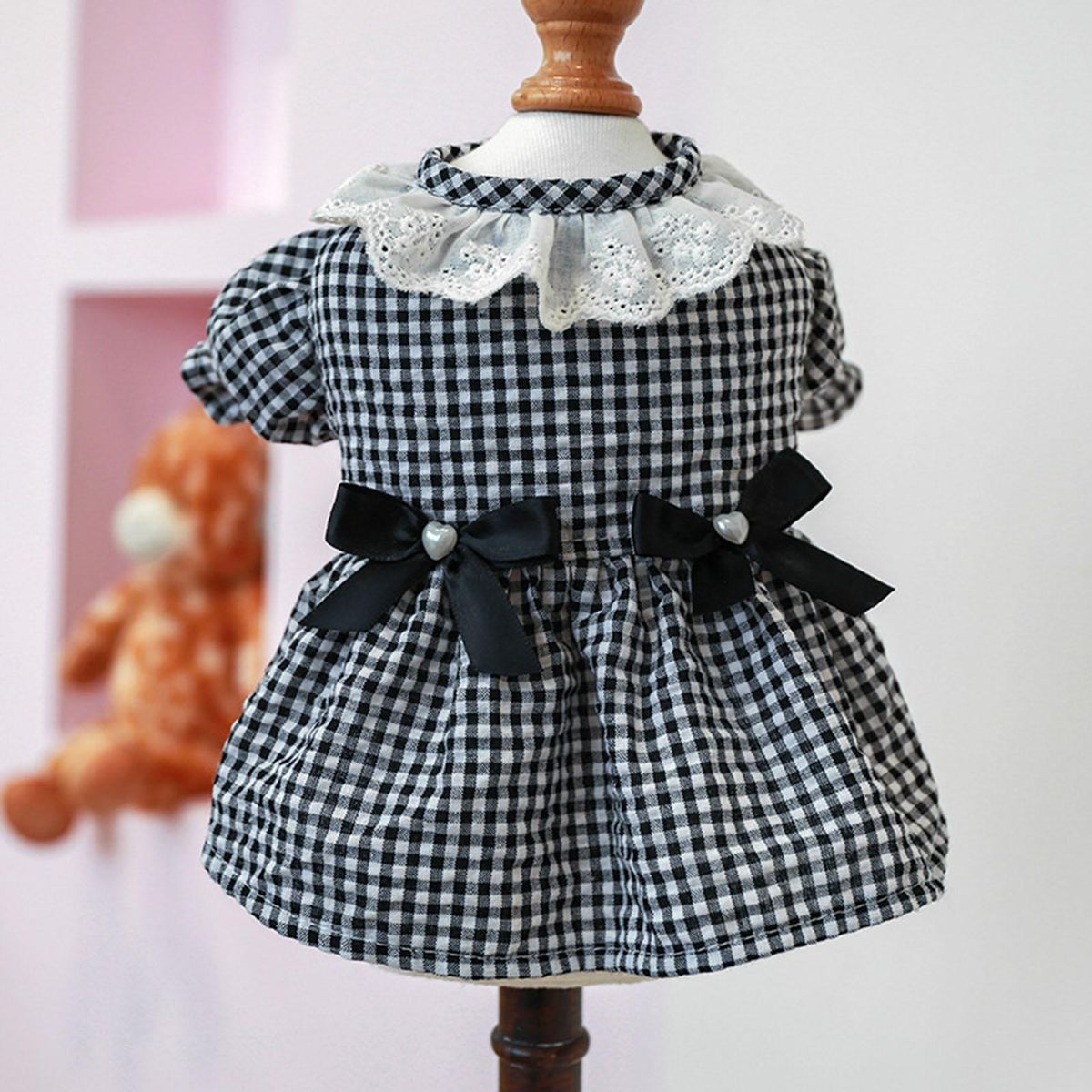 Cat Dress Black White Plaid Pet Cat Dog Bowknot Princess Dress Black