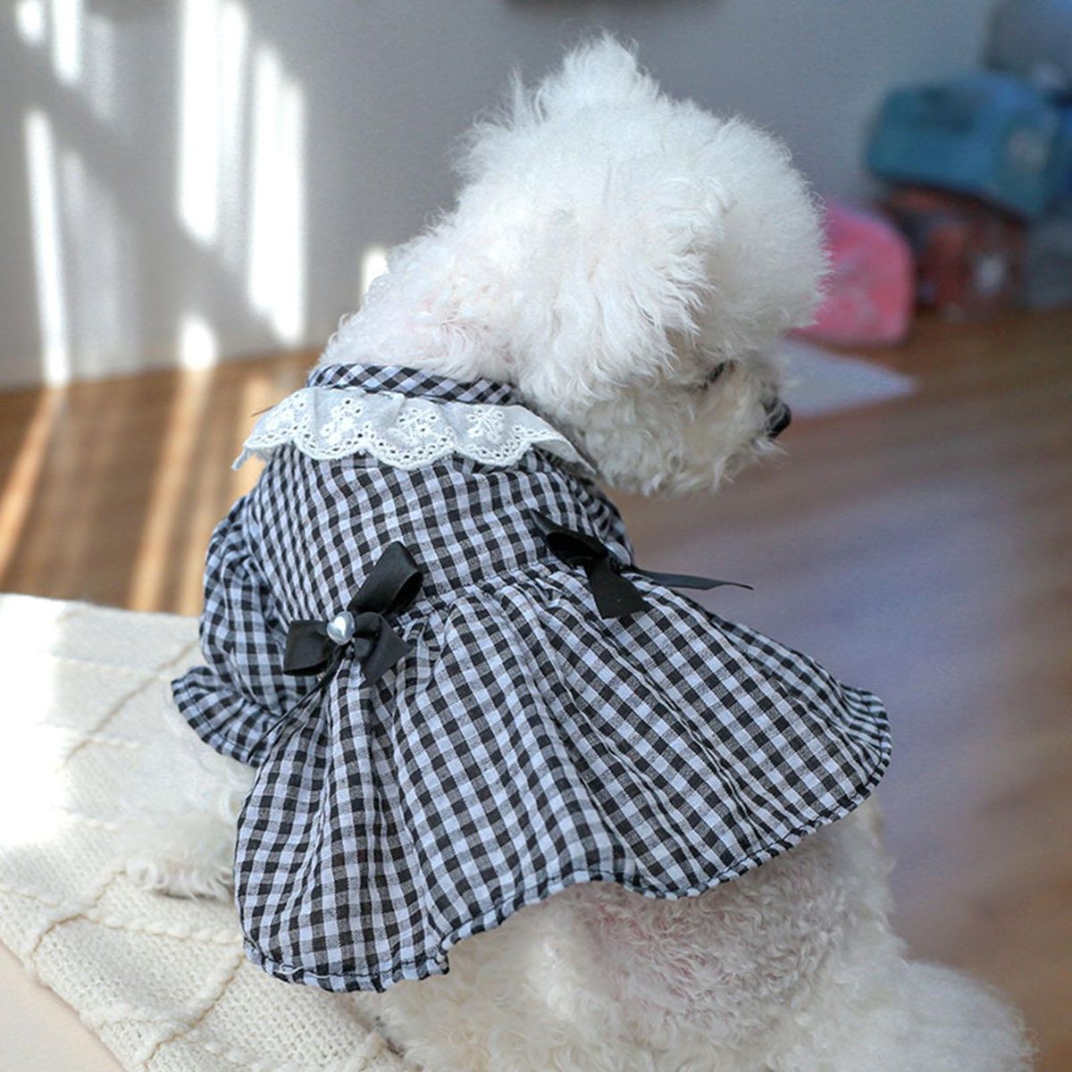 Cat Dress Black White Plaid Pet Cat Dog Bowknot Princess Dress Black