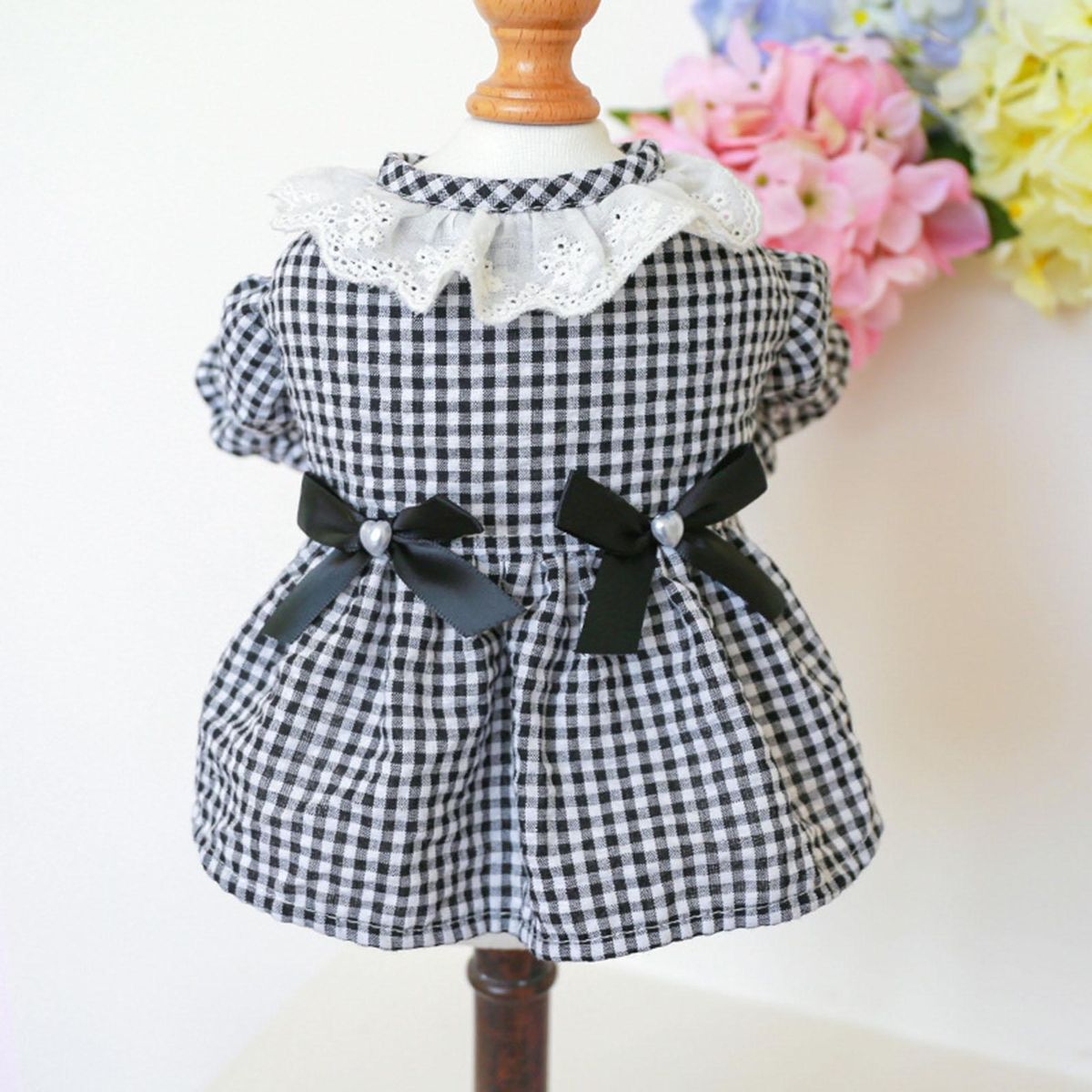 Cat Dress Black White Plaid Pet Cat Dog Bowknot Princess Dress Black