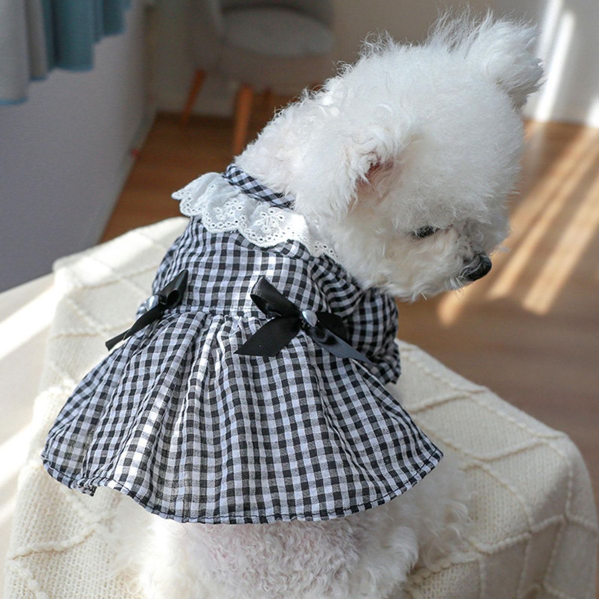 Cat Dress Black White Plaid Pet Cat Dog Bowknot Princess Dress Black