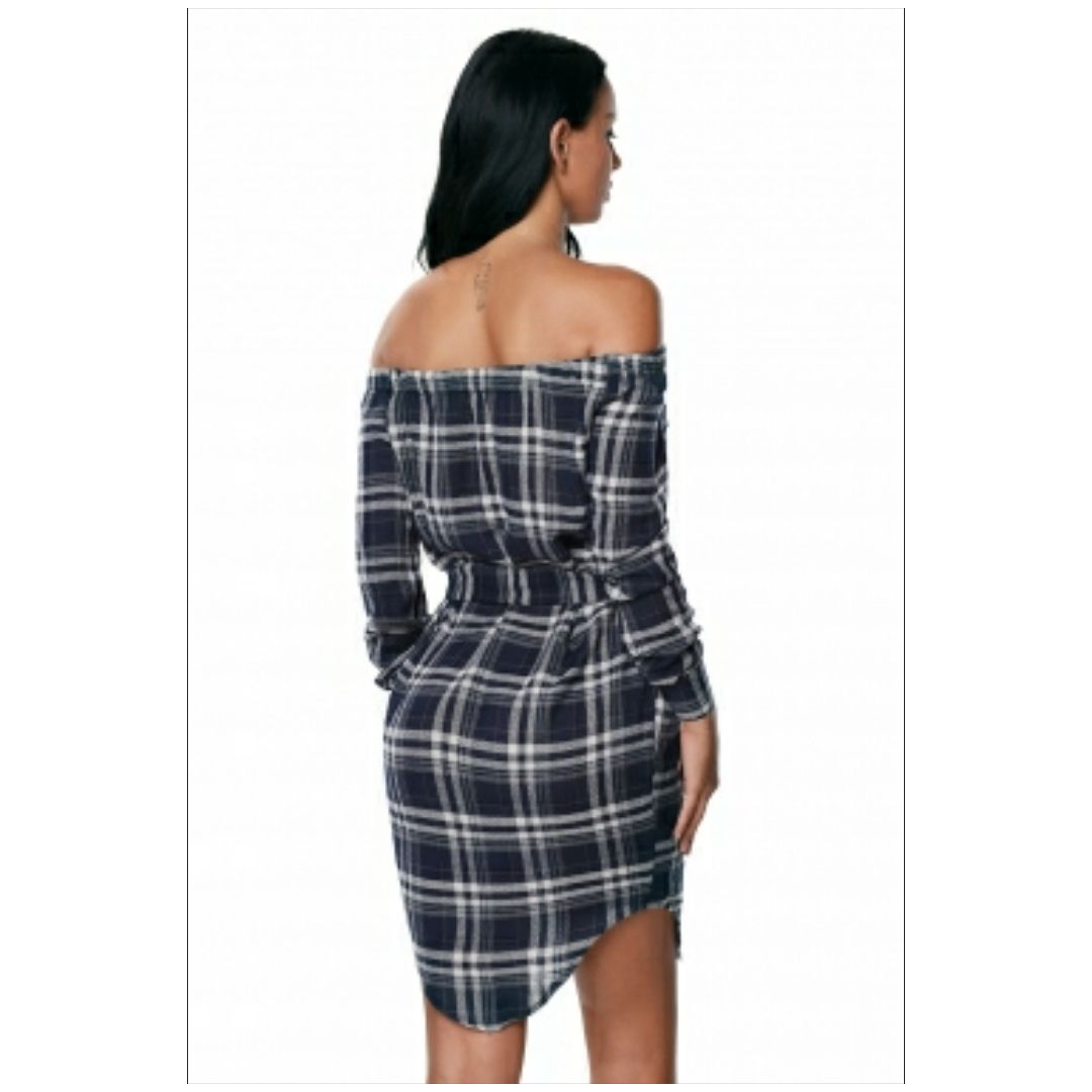 Mfed Button Down Off Shoulder Plaid Shirt Dress With Belt