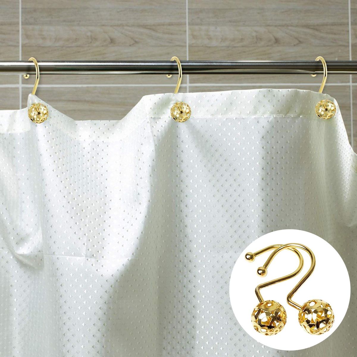 12Pcs Shower Hanger Rings Washroom Bathroom Curtain Rod Hooks Golden