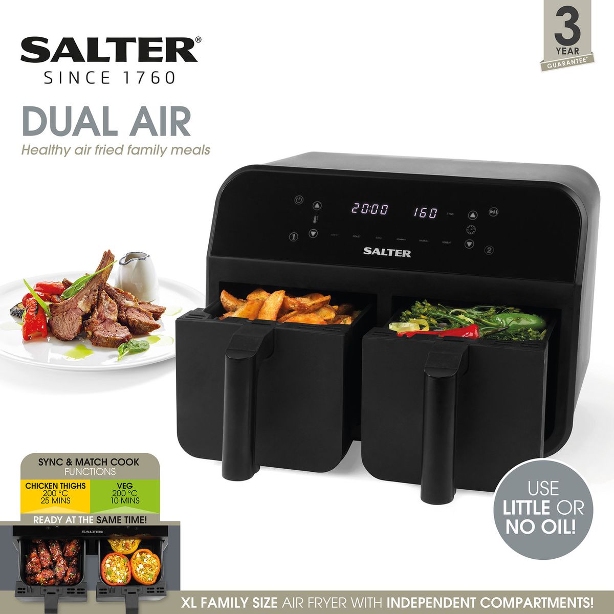 Nonstick Dual Air Fryer With Cooking Sync Function - 7.4L