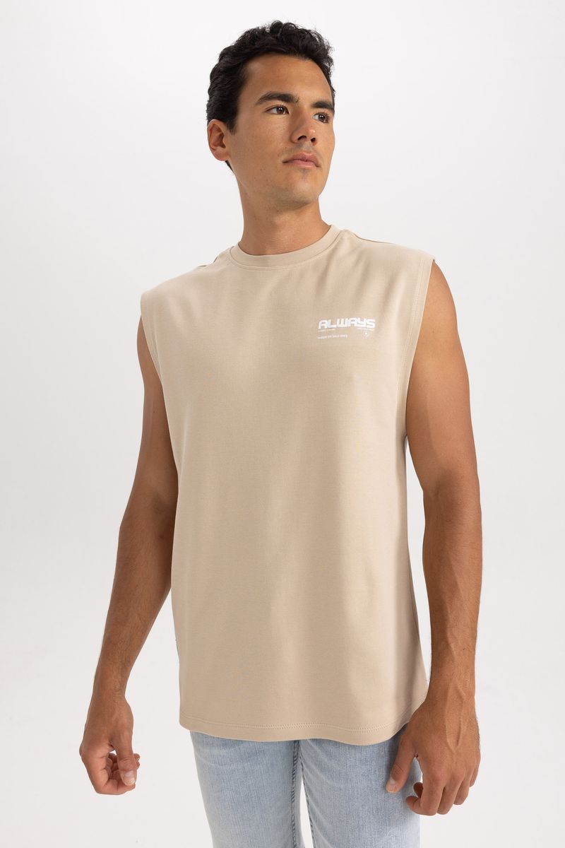 Man Young Boxy Fit Crew Neck Knitted Athlete - Beige