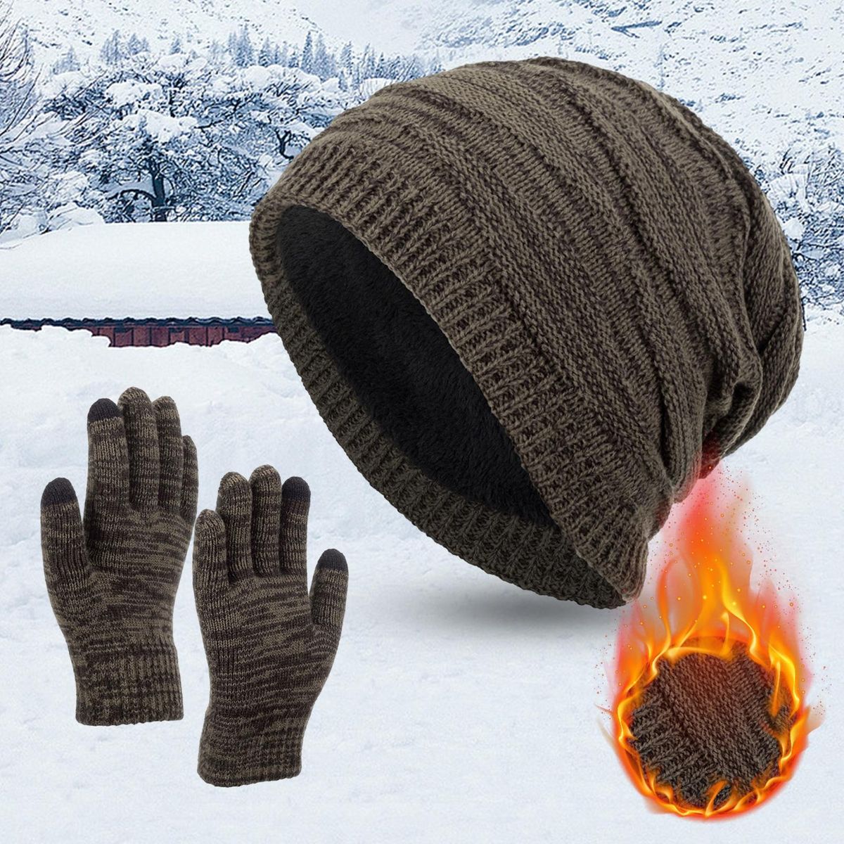 2PcsSet Men Hat Fall Winter Female Male Knit Cap Kit Khaki