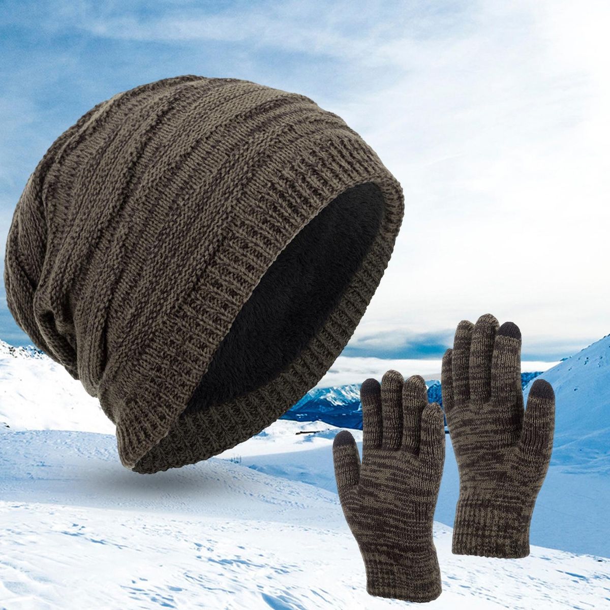 2PcsSet Men Hat Fall Winter Female Male Knit Cap Kit Khaki