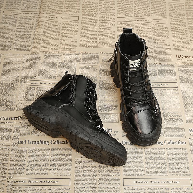 Ladies High Top Zipper Boots Outdoor Warm Casual Boots Ladies Leather Boots-Black