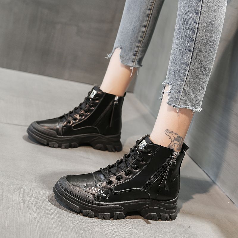 Ladies High Top Zipper Boots Outdoor Warm Casual Boots Ladies Leather Boots-Black
