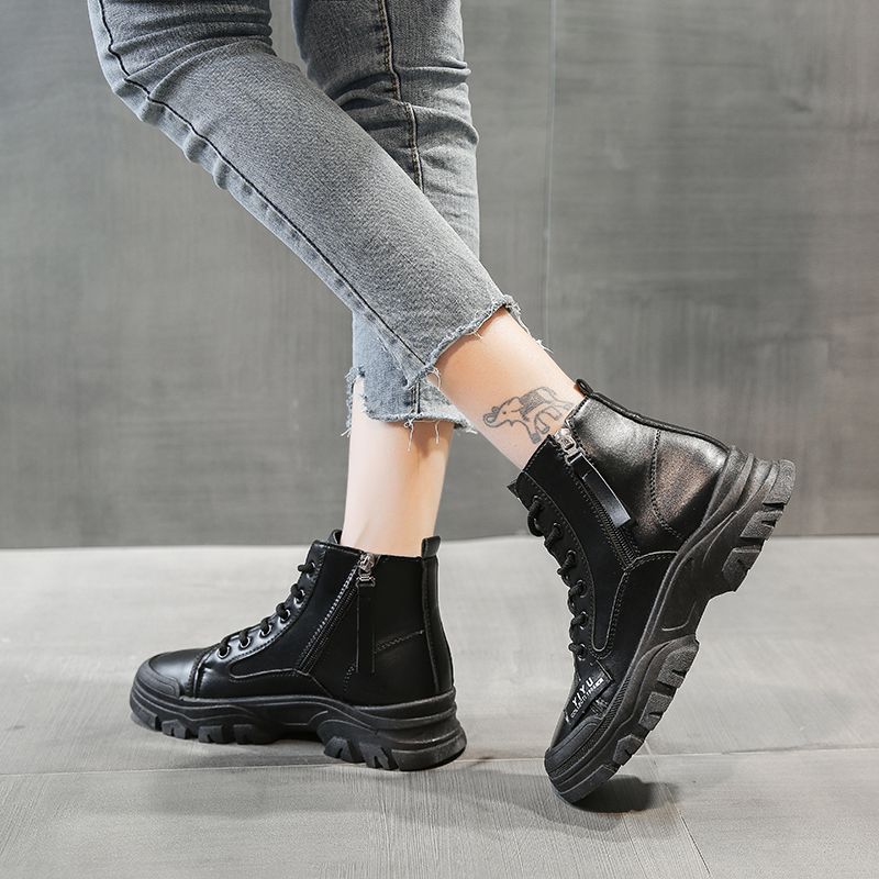Ladies High Top Zipper Boots Outdoor Warm Casual Boots Ladies Leather Boots-Black