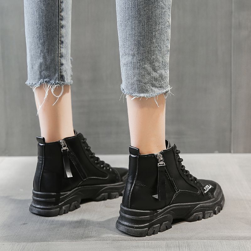 Ladies High Top Zipper Boots Outdoor Warm Casual Boots Ladies Leather Boots-Black