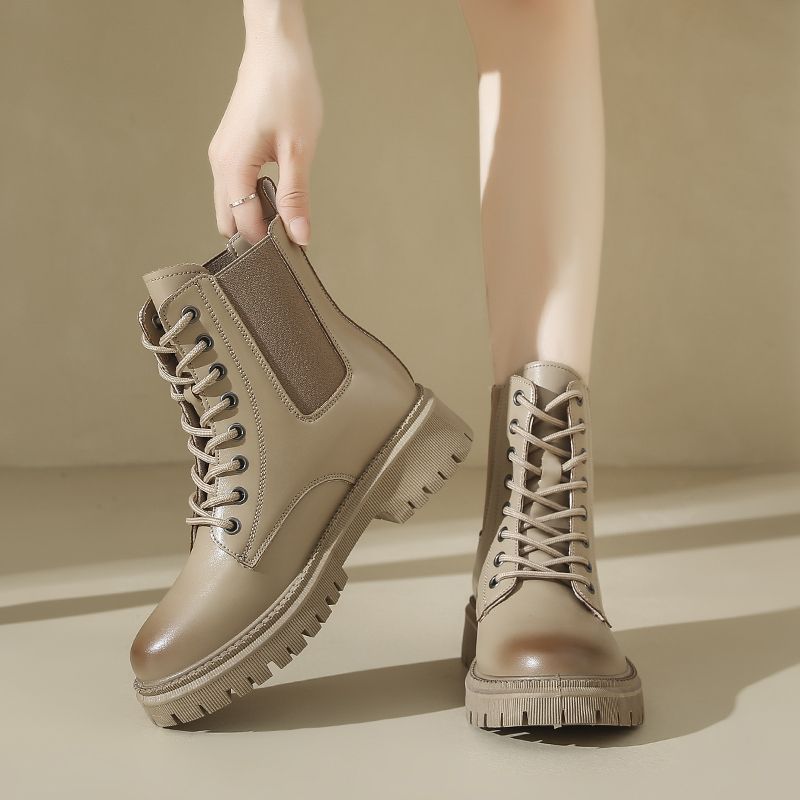Women's Work Boots British Style Fried Street Women's Single Boots Thick Sole Motorcycle Boots-Khaki