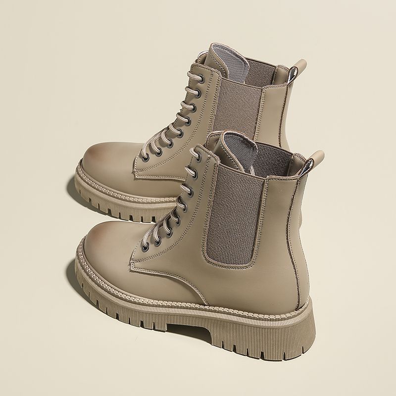Women's Work Boots British Style Fried Street Women's Single Boots Thick Sole Motorcycle Boots-Khaki