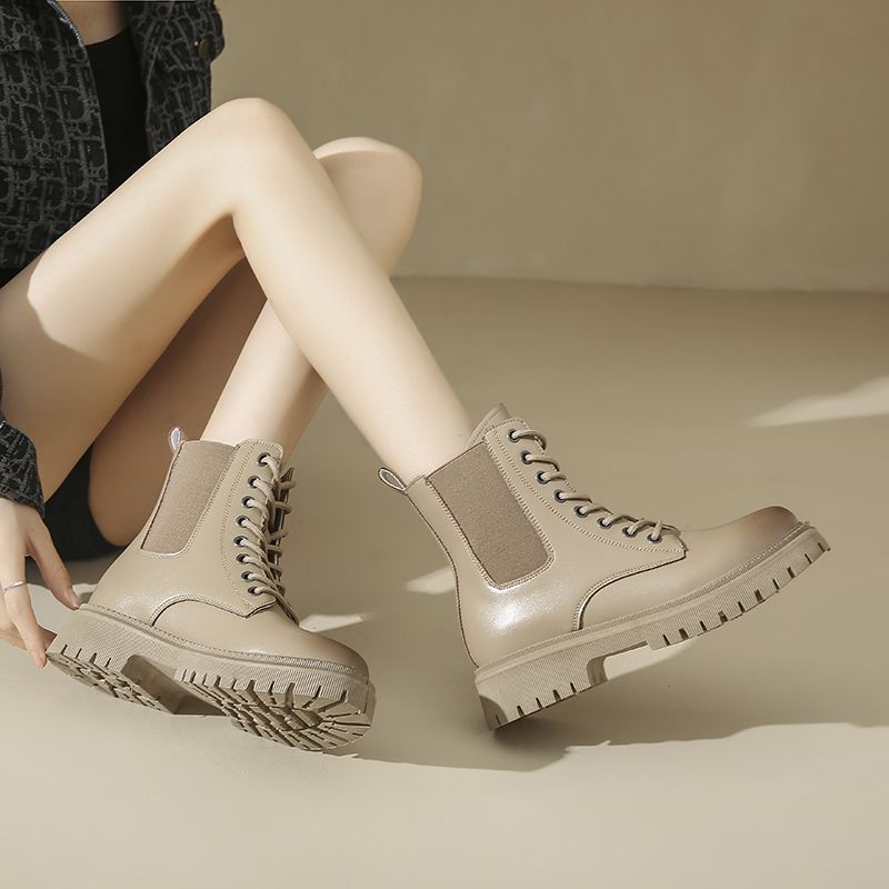 Women's Work Boots British Style Fried Street Women's Single Boots Thick Sole Motorcycle Boots-Khaki