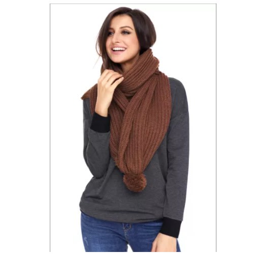 Pom Pom Ribbed Knit Scarf - Brown