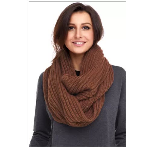 Pom Pom Ribbed Knit Scarf - Brown