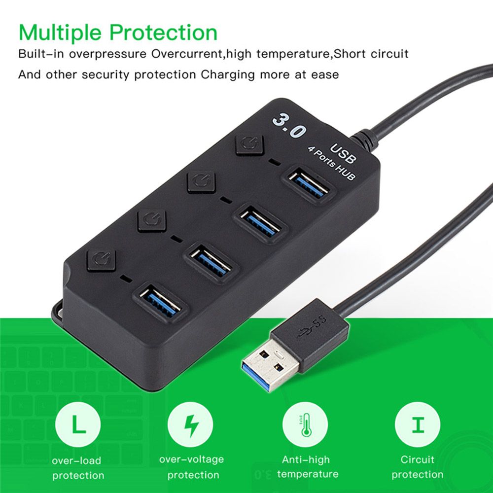 USB 3.0 HUB Splitter 4 Ports With On/Off Switches High Speed