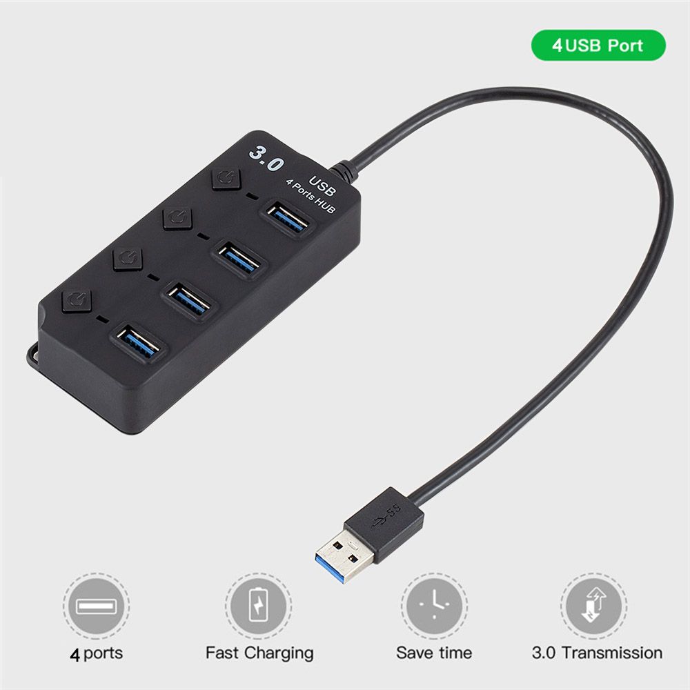 USB 3.0 HUB Splitter 4 Ports With On/Off Switches High Speed