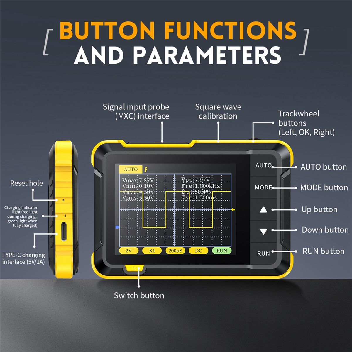 FNIRSI DSO152 Handheld Digital Oscilloscope 2.5MSa/S 200KHz Analog Bandwidth 2.8 Inch AUTO PWM Square Waves -High Version