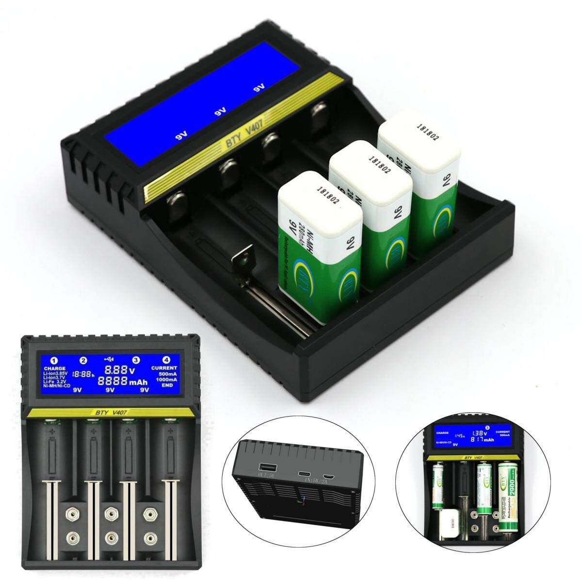 Rechargeable LCD Smart Charger Travel USB Cable For 18650 9 Volts Li-ion