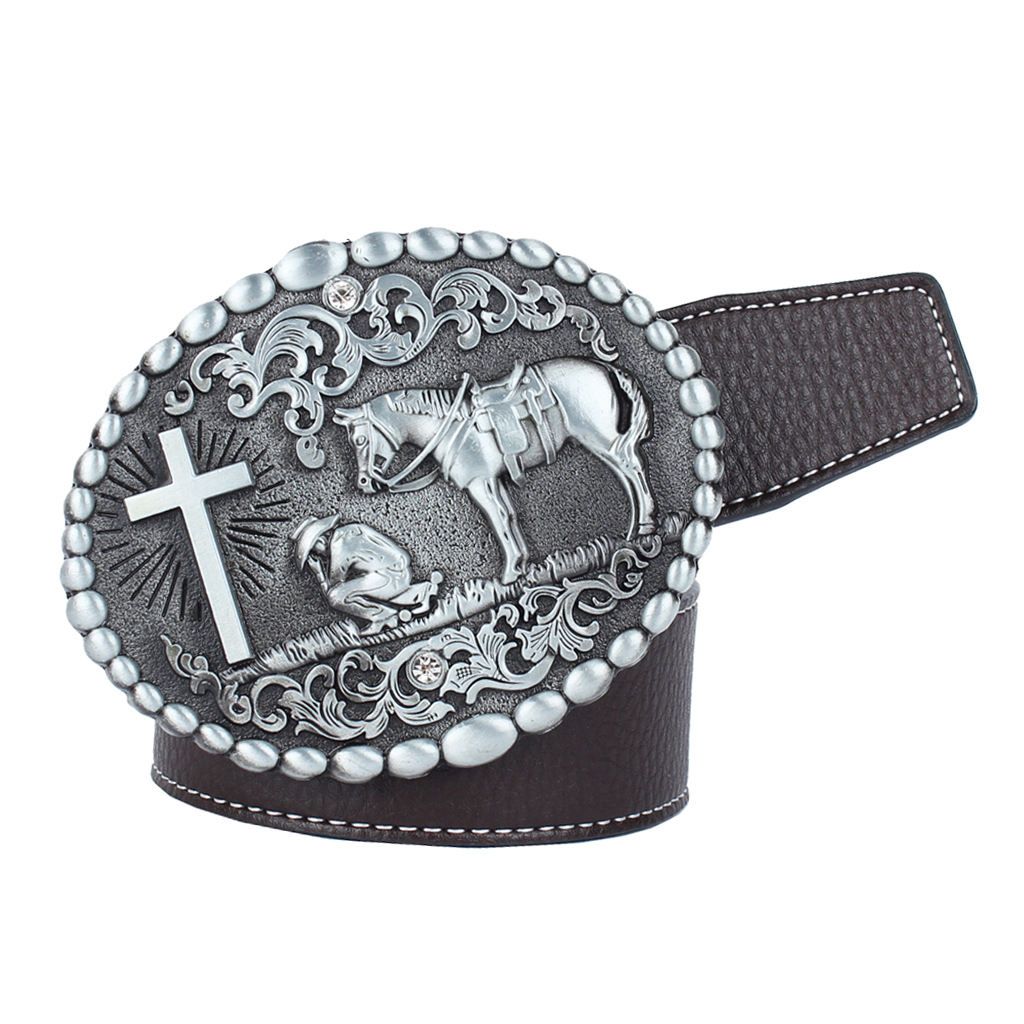 Mens Western Leather Belt Knight Horse Cross Skull Cowboy Coffee