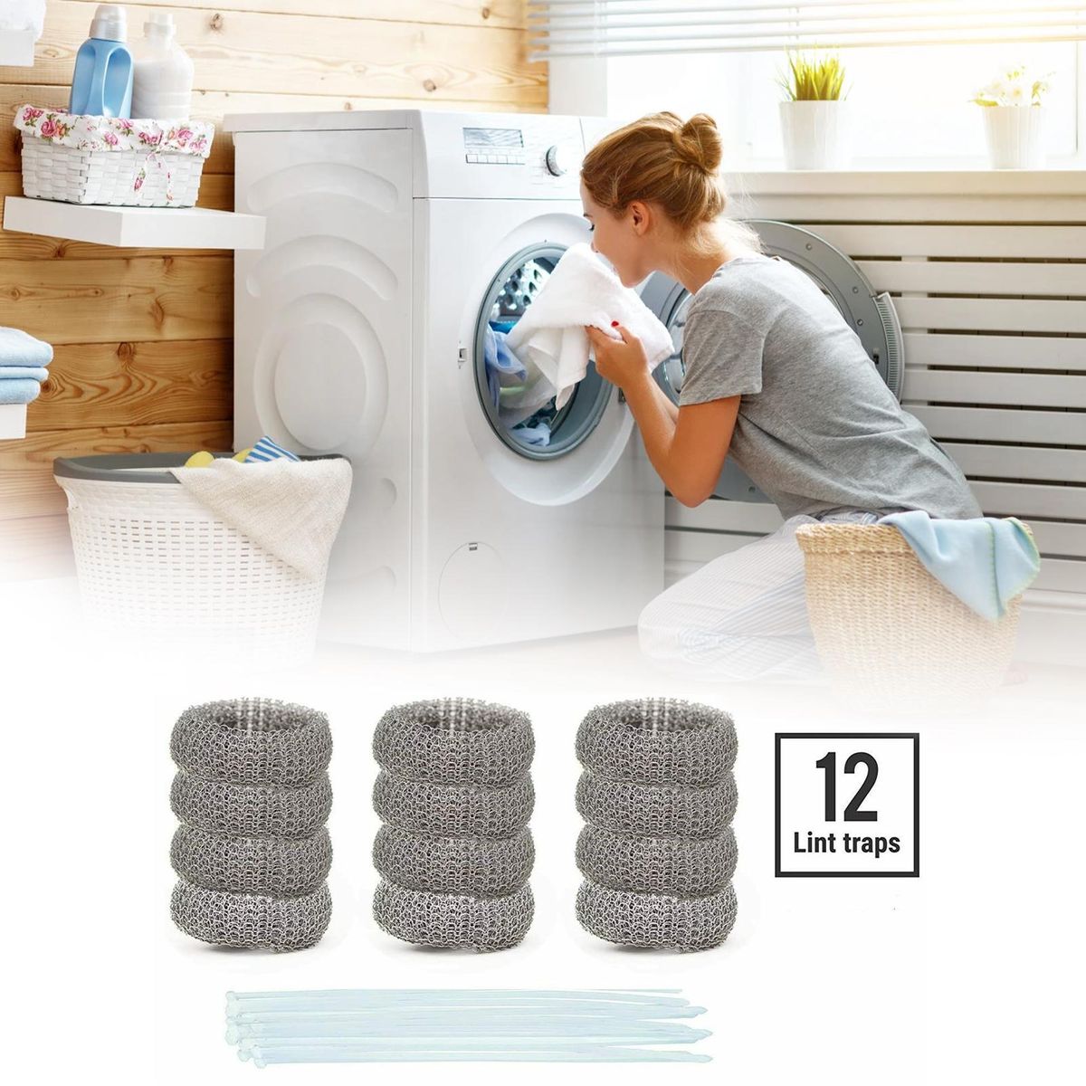 12Pcs Lint Traps with 12 Ties Attach to Washer Sink Hose Stainless Steel Lint Catcher From Clogging