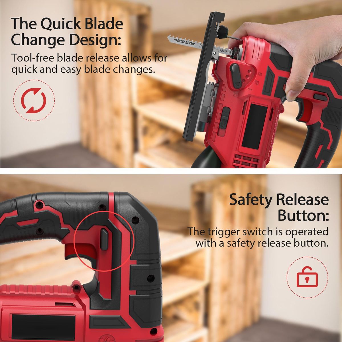 Jig Saw 20V Cordless Jigsaw for Woodworking with 4 Orbital Settings 2700 SPM 10-Piece T-shank Blade Set 2.0 Ah Battery Fast Charger Tool-Free Blade Clamp 45° Bevel Adjustment LED Light Parallel Saw Guide Tool Bag Perfect for
