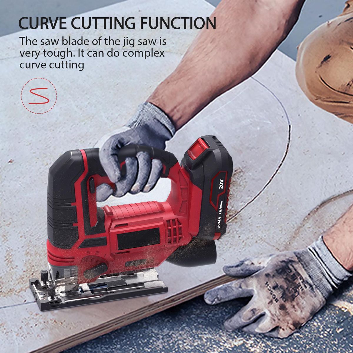 Jig Saw 20V Cordless Jigsaw for Woodworking with 4 Orbital Settings 2700 SPM 10-Piece T-shank Blade Set 2.0 Ah Battery Fast Charger Tool-Free Blade Clamp 45° Bevel Adjustment LED Light Parallel Saw Guide Tool Bag Perfect for