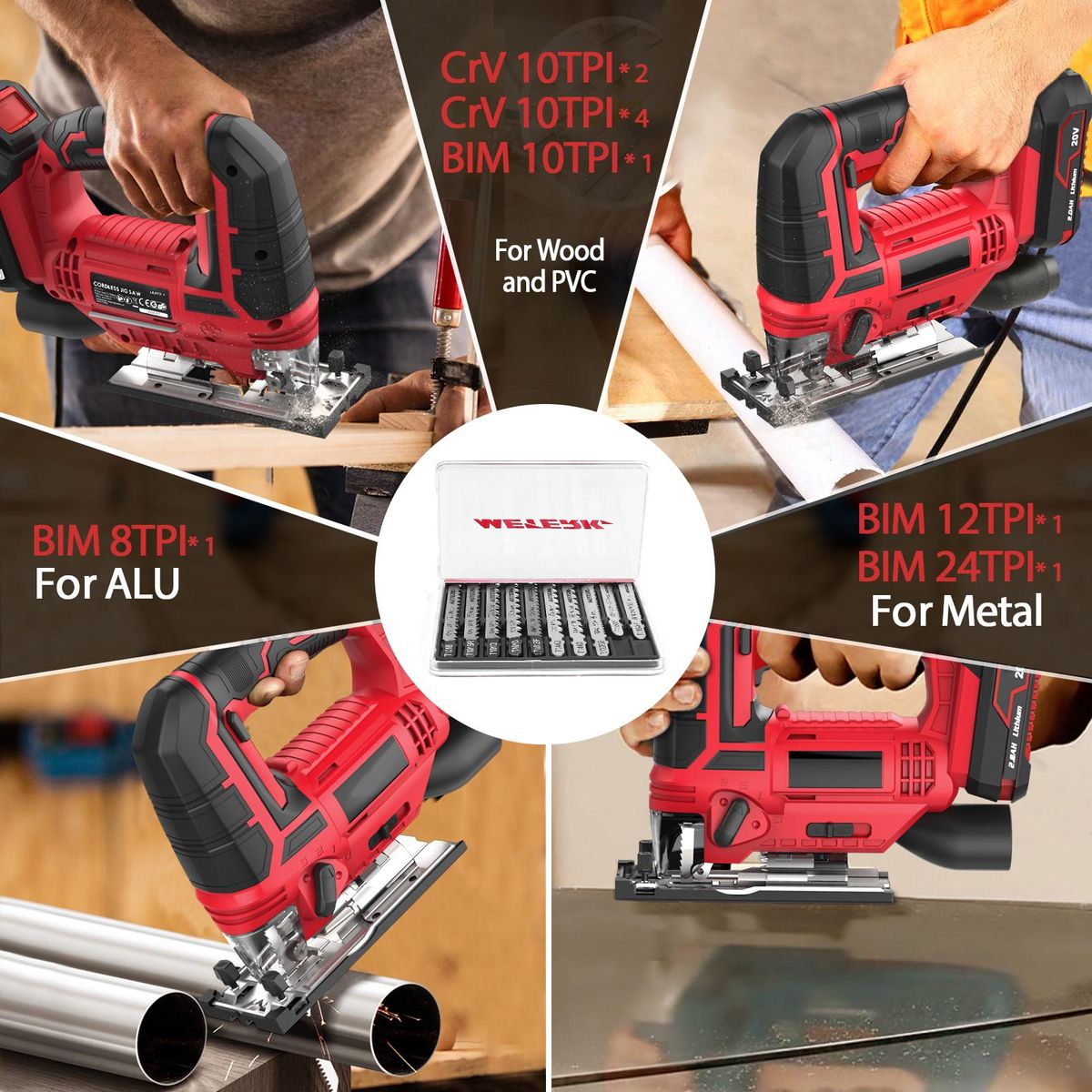 Jig Saw 20V Cordless Jigsaw for Woodworking with 4 Orbital Settings 2700 SPM 10-Piece T-shank Blade Set 2.0 Ah Battery Fast Charger Tool-Free Blade Clamp 45° Bevel Adjustment LED Light Parallel Saw Guide Tool Bag Perfect for