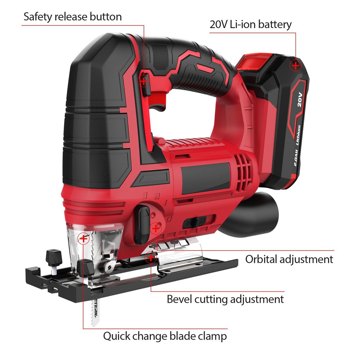 Jig Saw 20V Cordless Jigsaw for Woodworking with 4 Orbital Settings 2700 SPM 10-Piece T-shank Blade Set 2.0 Ah Battery Fast Charger Tool-Free Blade Clamp 45° Bevel Adjustment LED Light Parallel Saw Guide Tool Bag Perfect for
