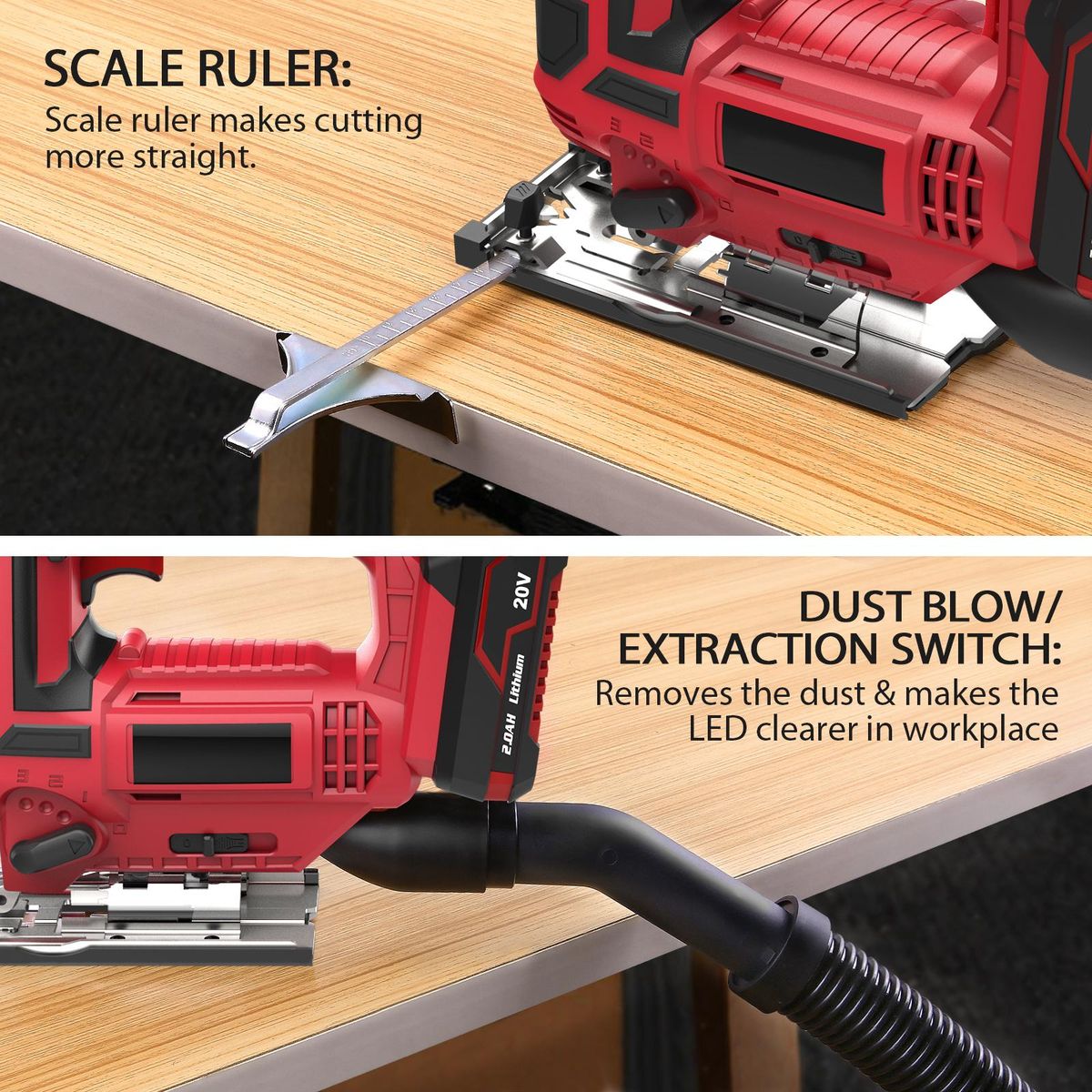 Jig Saw 20V Cordless Jigsaw for Woodworking with 4 Orbital Settings 2700 SPM 10-Piece T-shank Blade Set 2.0 Ah Battery Fast Charger Tool-Free Blade Clamp 45° Bevel Adjustment LED Light Parallel Saw Guide Tool Bag Perfect for