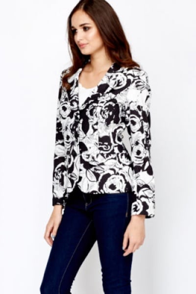 Mono Floral Button Up Blazer Black and White Linen Ladies Jacket