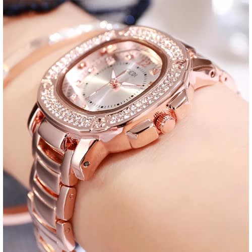 Women's Rhinestone Bezel Chain Watch  - Rose Gold