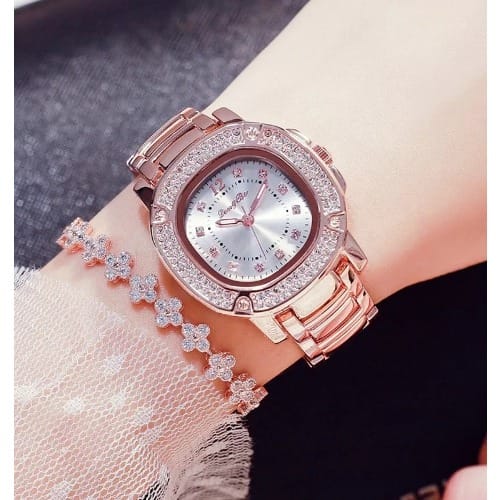 Women's Rhinestone Bezel Chain Watch  - Rose Gold