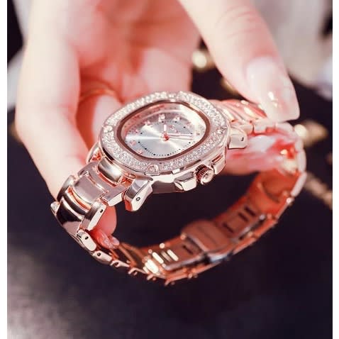 Women's Rhinestone Bezel Chain Watch  - Rose Gold