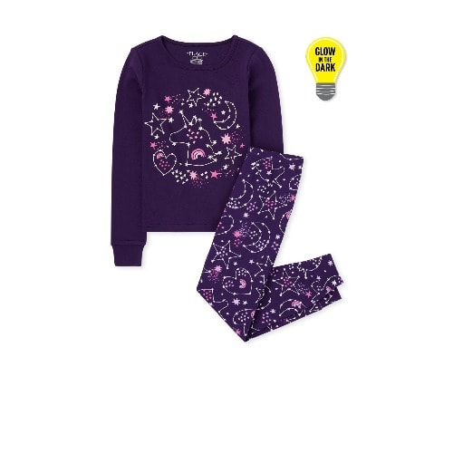 Girls Glow Unicorn Star Snug Fit Cotton Pyjamas Sleepwear - Blue Purple